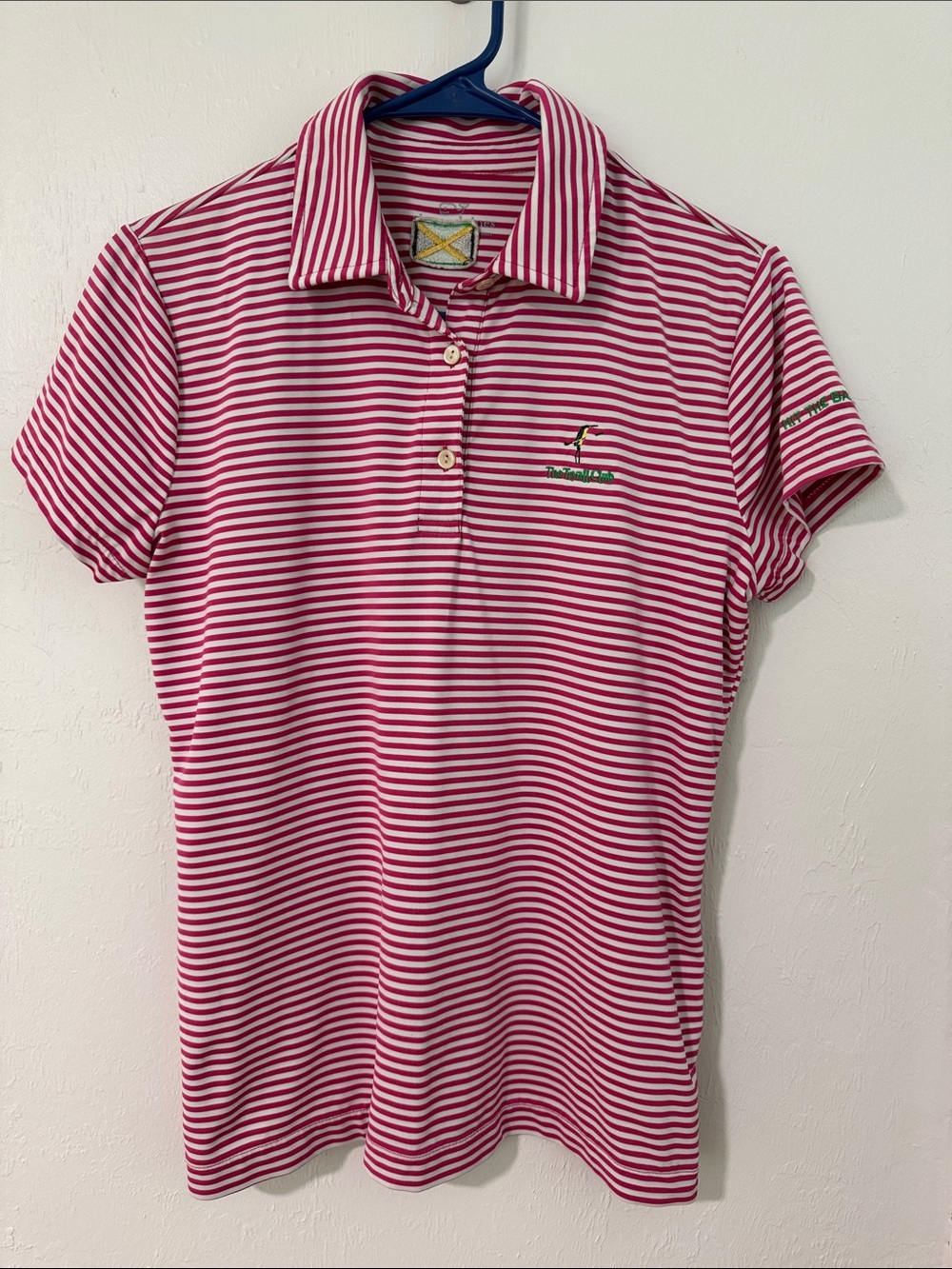 Striped Pink & White Short Sleeve Polo Tee with Embroidered Detail